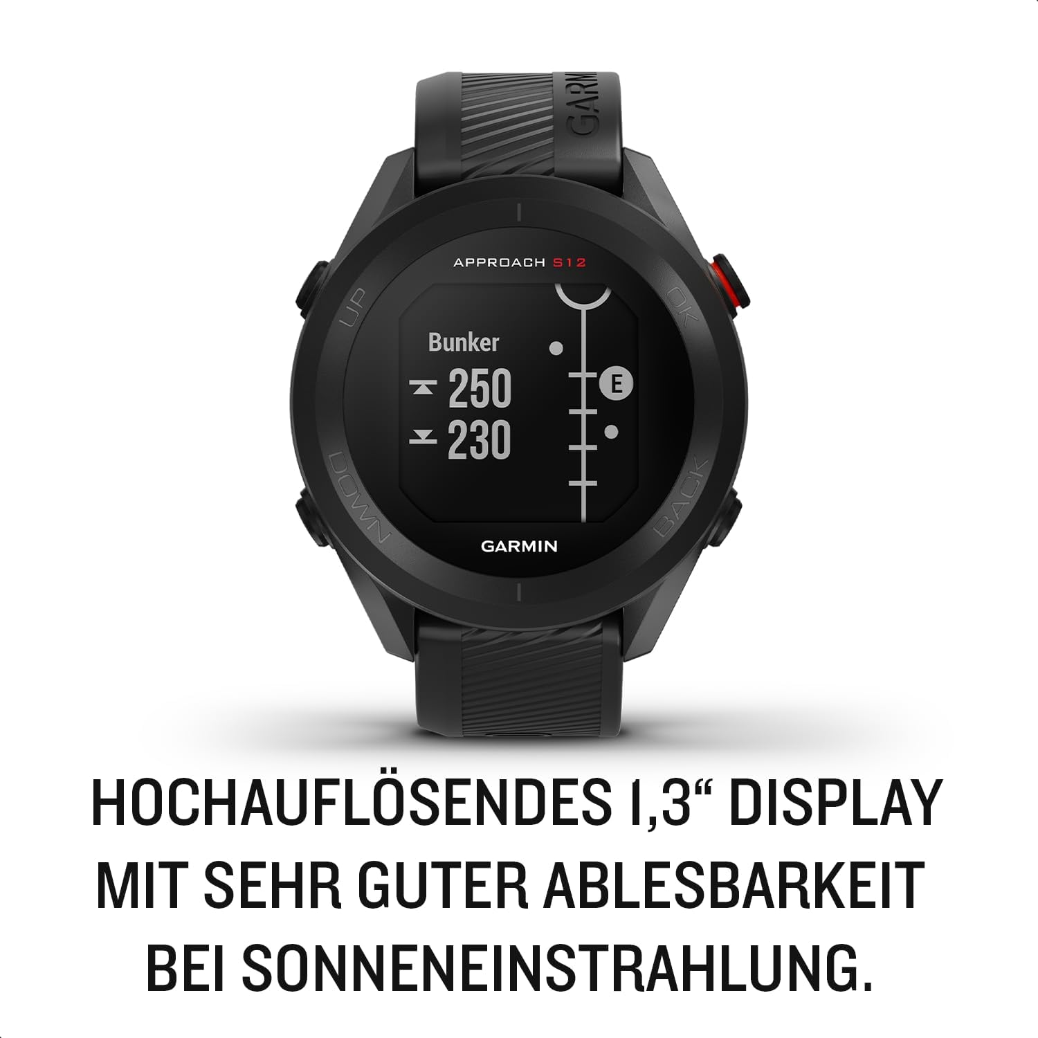 Garmin Approach S12 - GPS-Golfuhr mit Schlagweitenmessung & Distanzangaben zum Grün/Hindernissen auf 42.000 Golfplätzen. 1,3“ Display mit einfacher Bedienung & bis zu 30 h Akkulaufzeit im Golf-Modus.