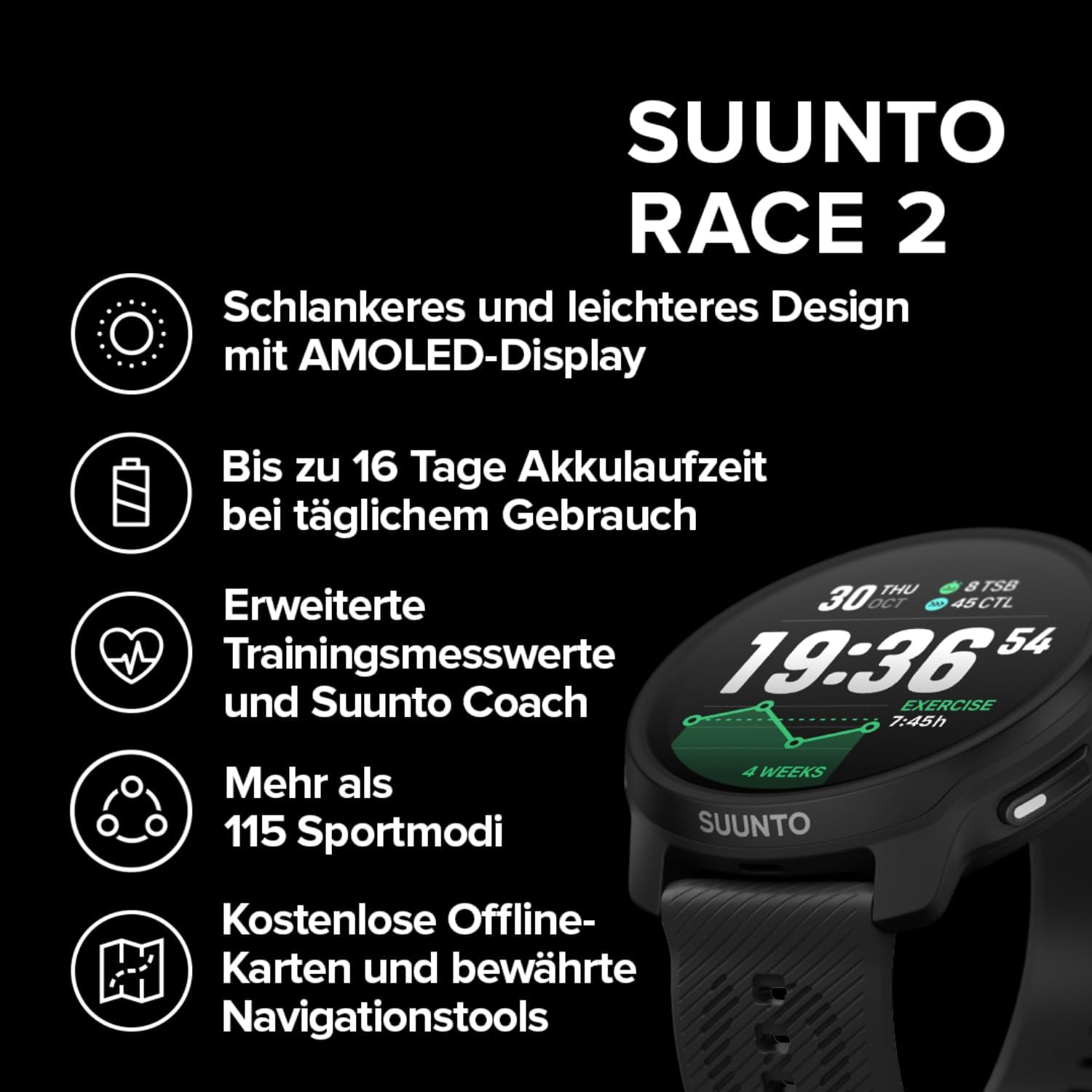 SUUNTO Race 2 GPS Sportuhr, Helles 1.5-Inch AMOLED Touchsreen,Schlankeres und Leichteres Design, 16-Tage Akkulaufzeit, Offline-Karten, Prezise Navigation, 115+ Sportmodi, Erweiterte Trainingsmesswerte