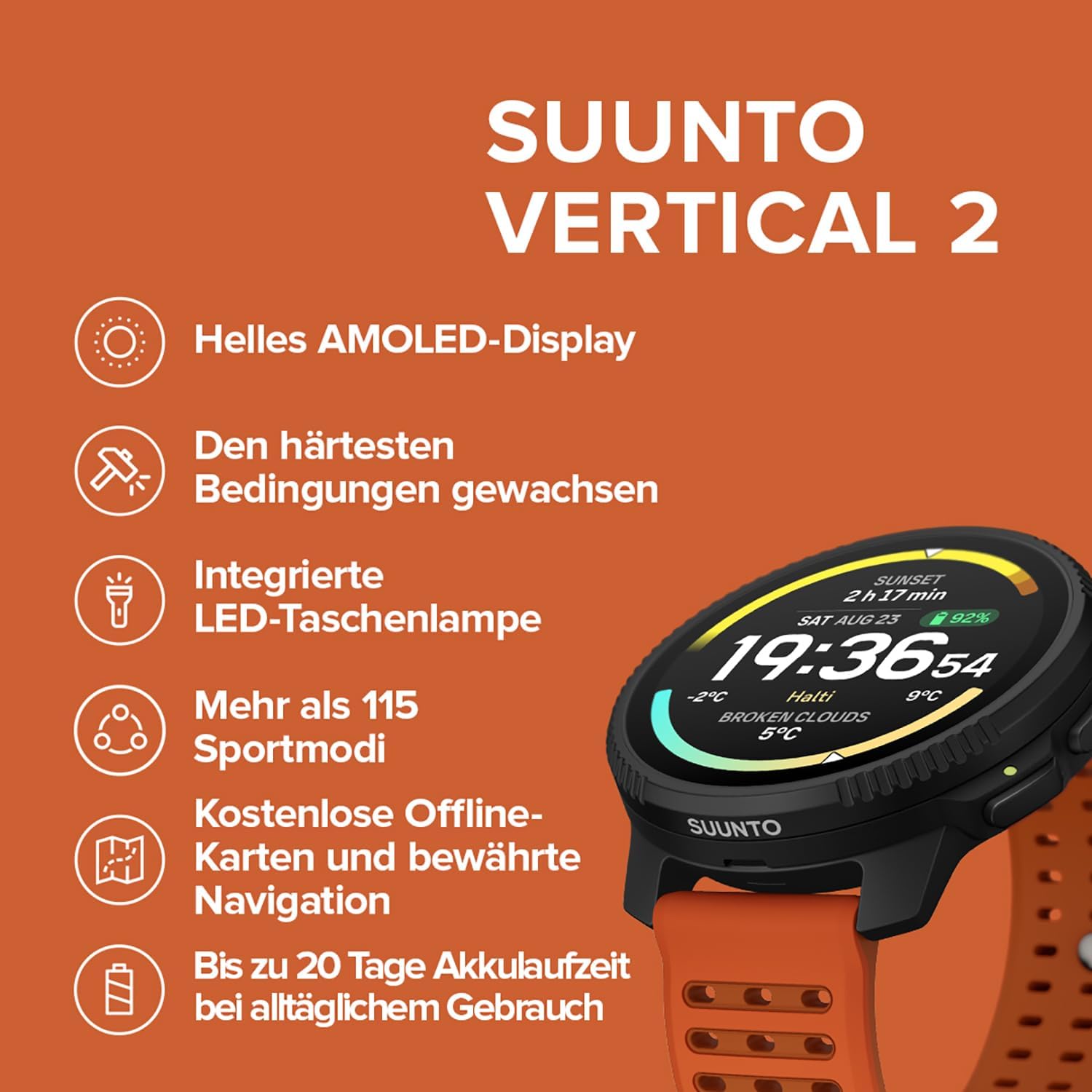 SUUNTO Vertical 2 Abenteuer-Uhr, Dual-Frequenz GPS, 115+ Sportmodi, 1,5 Zoll Touchscreen, Kostenlose globale Offline-Karten, 40 Tage Akkulaufzeit, Für Training & tägliche Abenteuer