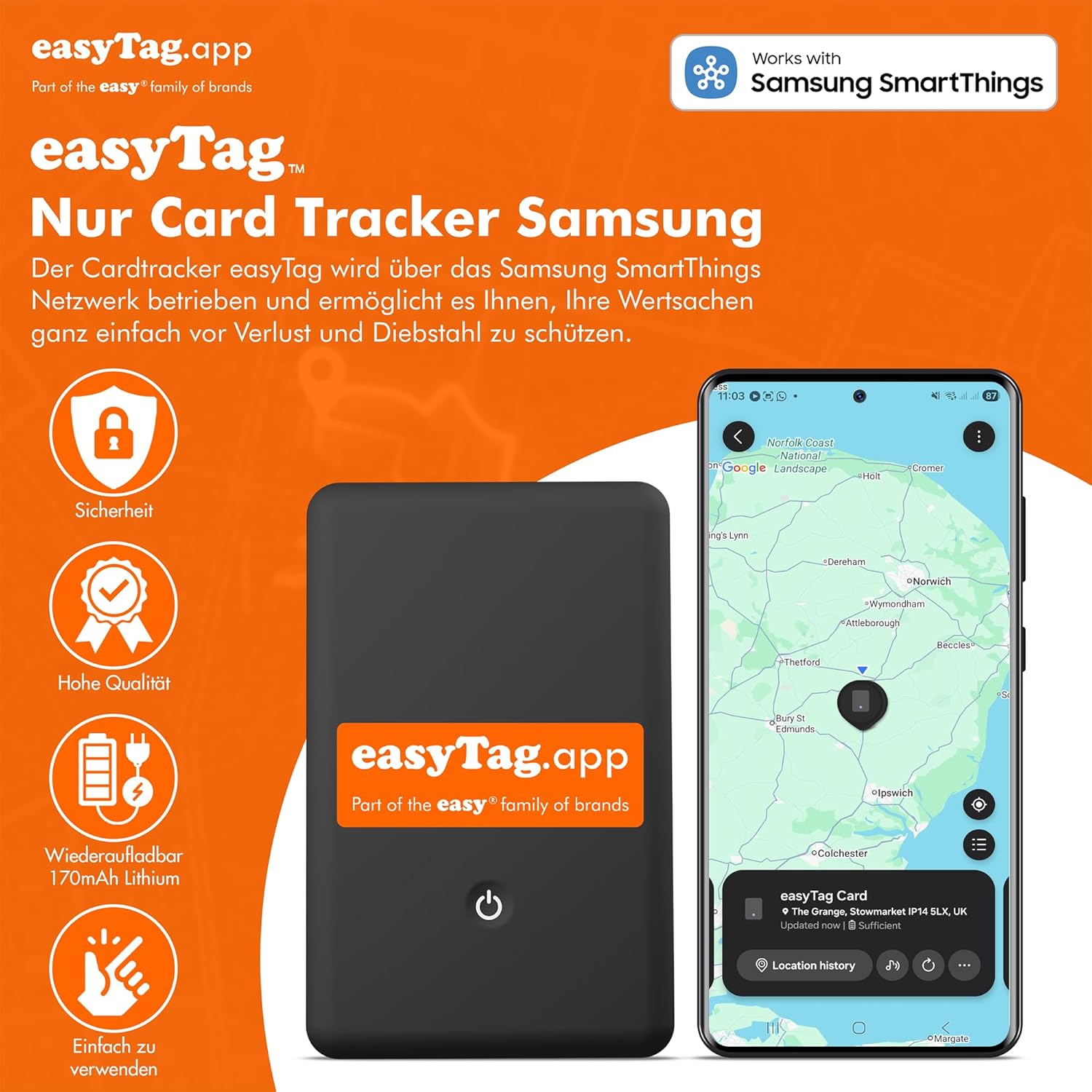 easyTag Tracking Card (Nur Samsung) - Schlanker und globaler Wallet Tracker für Geldbörsen, Taschen, Koffer und Gepäck. Wiederaufladbare Tracking Card kompatibel mit der Samsung SmartThings App.