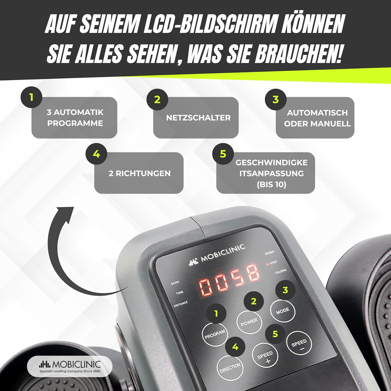 Mobiclinic®, Mini Ellipsentrainer, Heimtrainer, 10 geschwindigkeiten, 3 Programme, LCD-Display, Einstellbarer Widerstand, Befehl, rutschfeste Pedale, Leiser Motor, Ideal für Senioren, Veleta